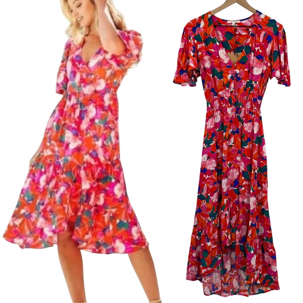 Abel the Label Floral Print Midi Dress Blouson Short Sleeve Vneck NEW Orange Red